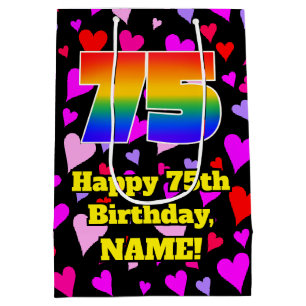 75th Birthday: Loving Hearts Pattern, Rainbow # 75 Mittlere Geschenktüte