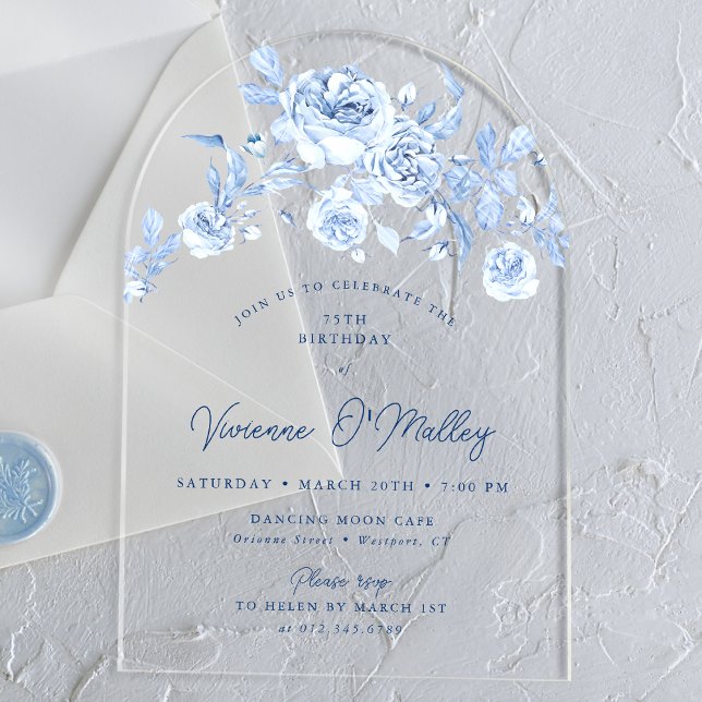 75th Birthday Party Dusty Blue Rose Floral Arch Acryleinladungen (Von Creator hochgeladen)