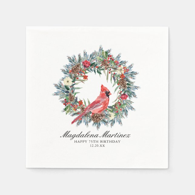 75th Birthday Red Cardinal Wreath Custom Cocktail Serviette (Vorderseite)