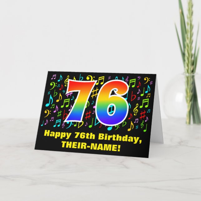 76. Geburtstag: Farbige Musiksymbole & Regenbogen  Karte (Vorderseite)