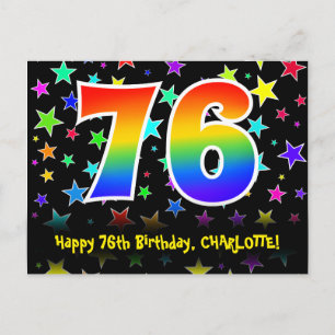 76. Geburtstag: Fun Stars Pattern, Regenbogen 76,  Postkarte