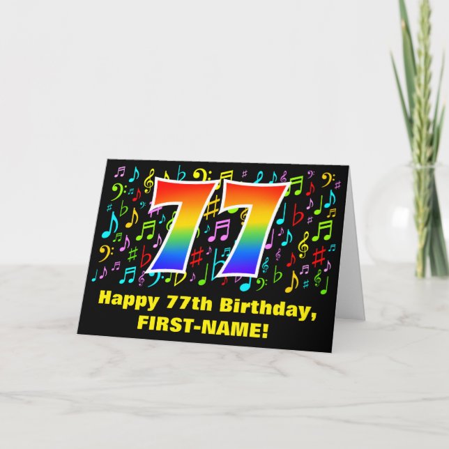 77. Geburtstag: Farbige Musiksymbole & Regenbogen  Karte (Vorderseite)