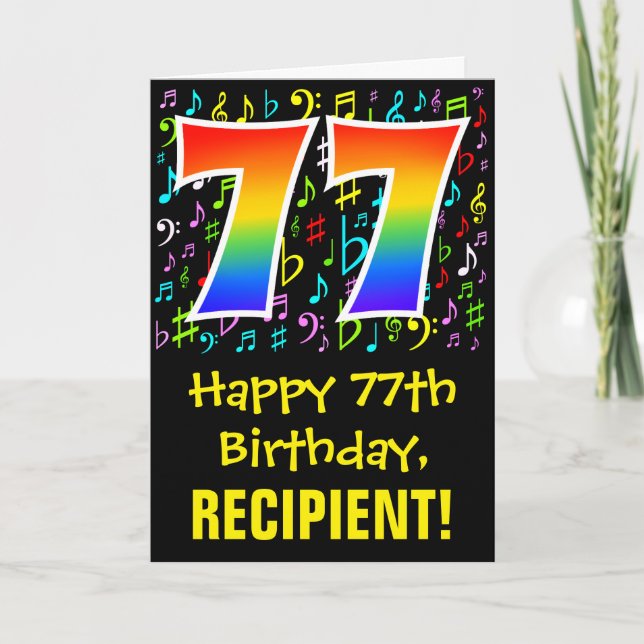 77. Geburtstag: Farbige Musiksymbole + Regenbogen  Karte (Vorderseite)