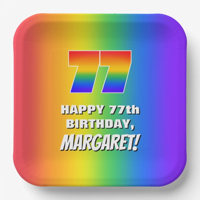 77. Geburtstag: Farbiges, lustiges Regenbogenmuste Pappteller (Vorderseite)