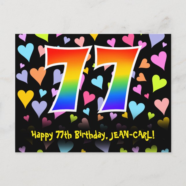 77. Geburtstag: Fun Hearts Muster, Regenbogen 77 Postkarte (Vorderseite)