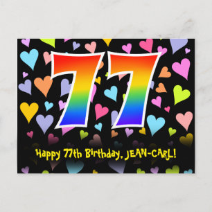 77. Geburtstag: Fun Hearts Pattern, Regenbogen 77 Postkarte