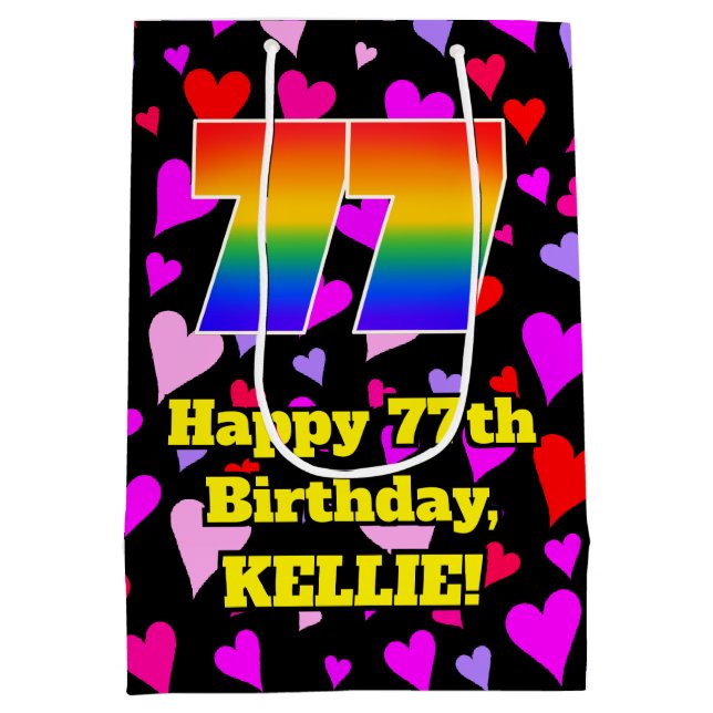 77. Geburtstag: Loving Hearts Pattern, Regenbogen  Mittlere Geschenktüte (Rückseite)