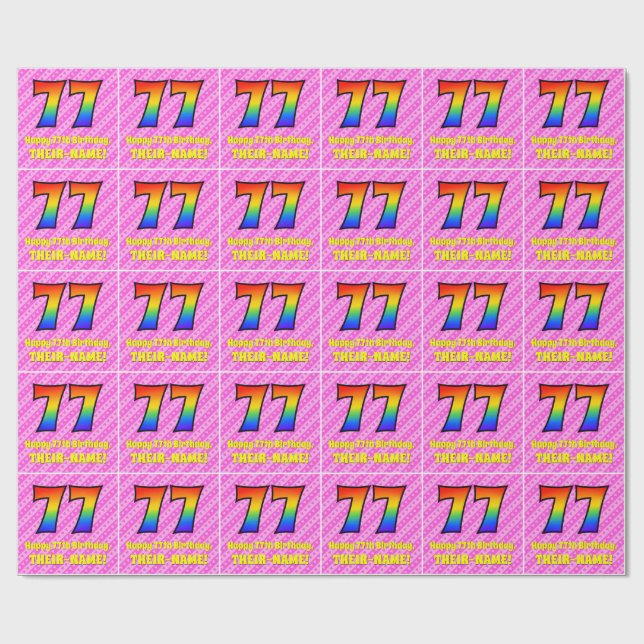 77. Geburtstag: Rosa Streifen & Herz, Regenbogen # Geschenkpapier (Flach)