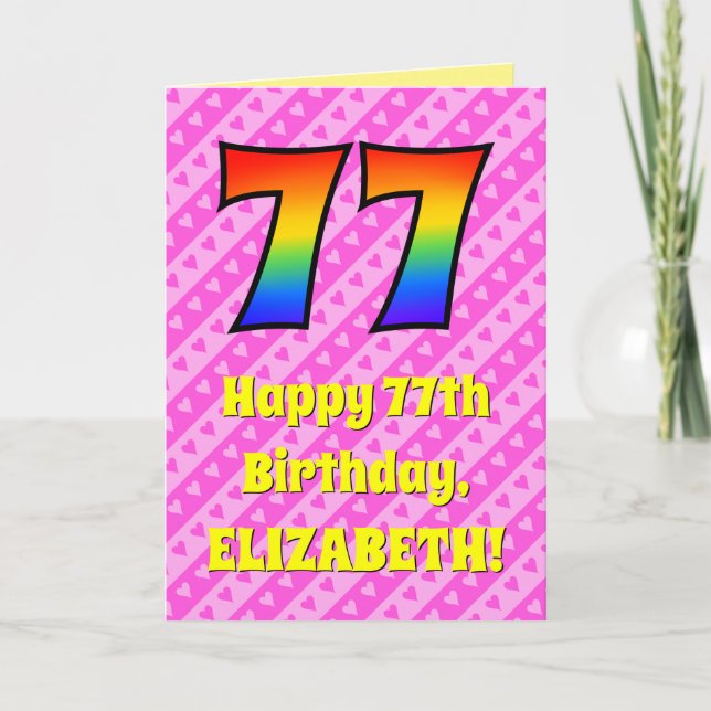77. Geburtstag: Rosa Streifen & Herz, Regenbogen # Karte (Vorderseite)