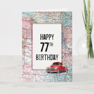 77. Geburtstag roter Retro-LKW auf der Karte