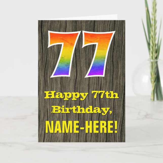 77. Geburtstag: Rustikale Imitate Holzschau, Regen Karte (Vorderseite)