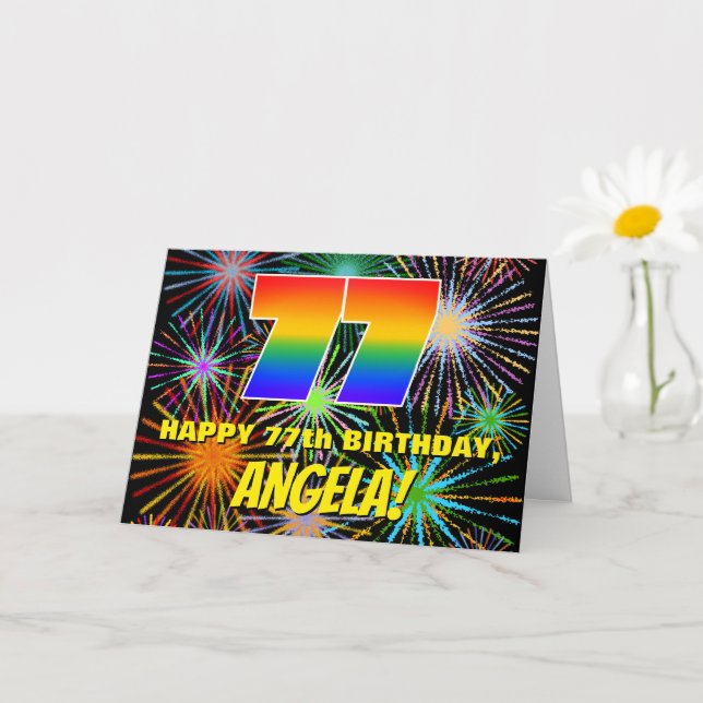 77. Geburtstag: Spaß, bunte feierliche Feuerwerke Karte (Kleine Pflanze)