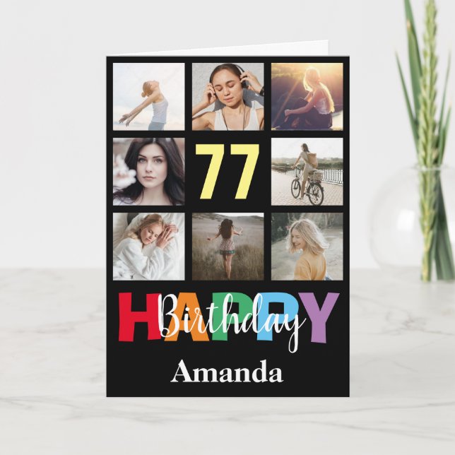 77. Happy Birthday Foto Collage Modern Black Karte (Vorderseite)