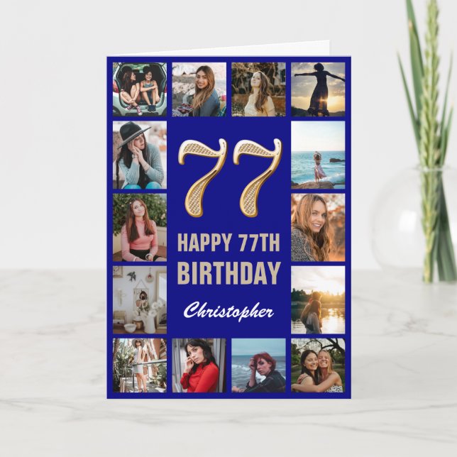 77. Happy Birthday Navy Blue & Gold Foto Collage Karte (Vorderseite)