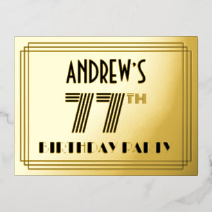 77th Birthday Party Art Deco Style "77" + Name Folie Einladungspostkarte