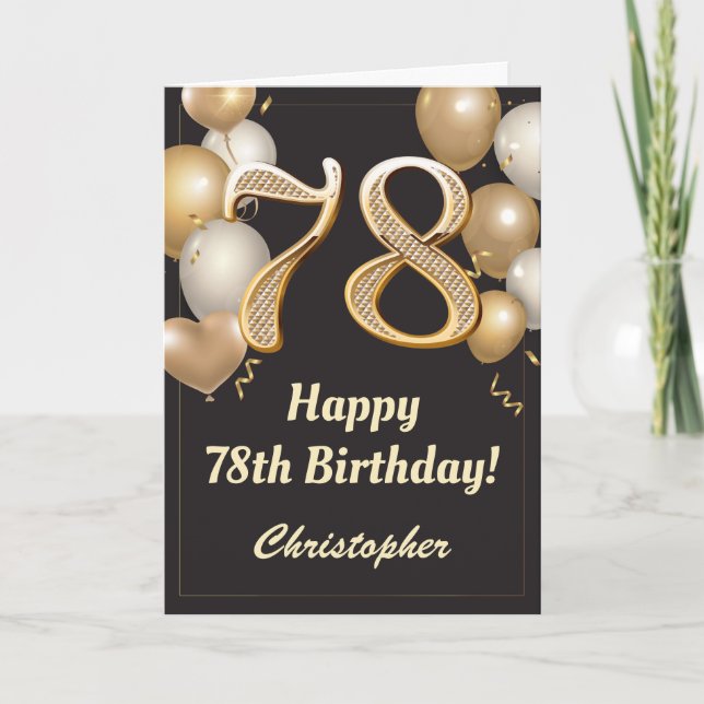 78. Geburtstag Black and Gold Balloons Confetti Karte (Vorderseite)