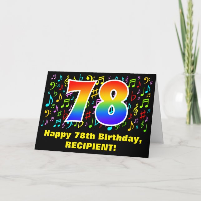 78. Geburtstag: Farbige Musiksymbole & Regenbogen  Karte (Vorderseite)