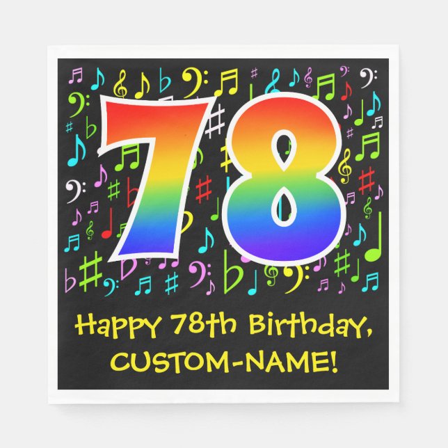 78. Geburtstag - Farbige Musiksymbole, Regenbogen  Serviette (Vorderseite)