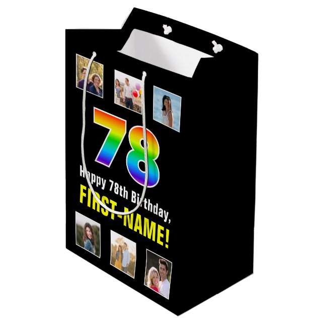 78. Geburtstag: Regenbogen "78", benutzerdefiniert Mittlere Geschenktüte (Rückseite Schrägansicht)
