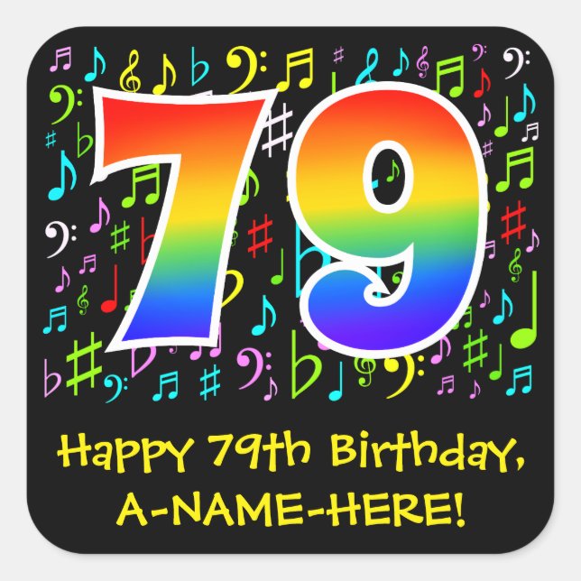 79. Geburtstag: Farbige Musiksymbole, Regenbogen 7 Quadratischer Aufkleber (Vorderseite)