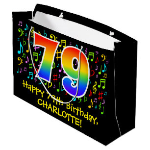79. Geburtstag - Farbige Musiksymbole, Regenbogen  Große Geschenktüte