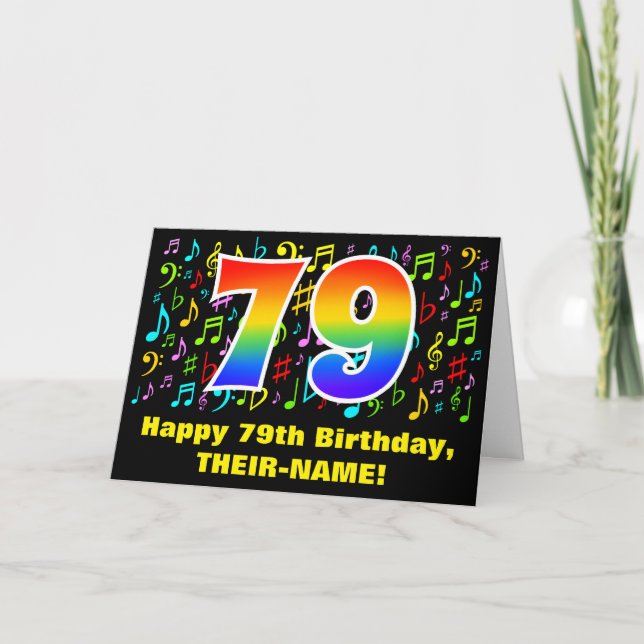 79. Geburtstag: Farbige Musiksymbole & Regenbogen  Karte (Vorderseite)