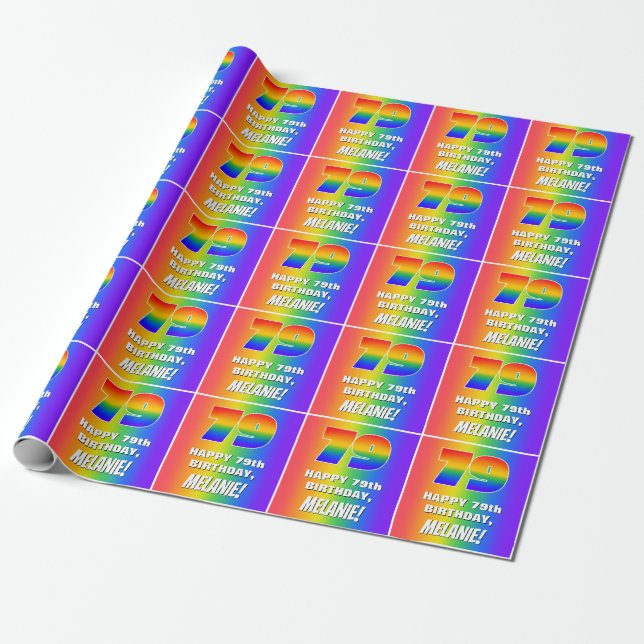 79. Geburtstag: Farbiges, lustiges Regenbogenmuste Geschenkpapier (Ungerollt)
