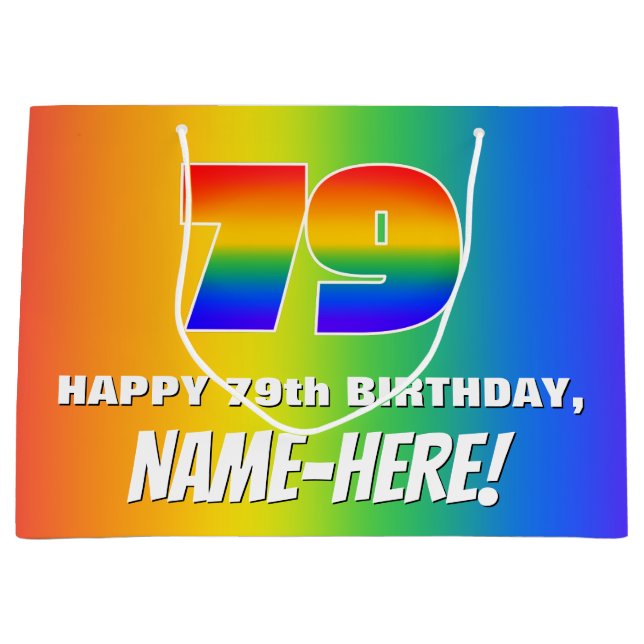 79. Geburtstag: Farbiges, lustiges Regenbogenmuste Große Geschenktüte (Vorderseite)