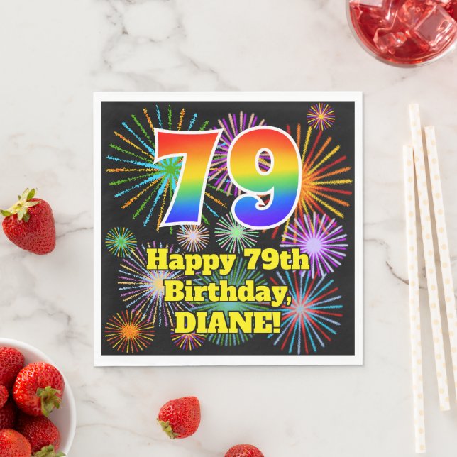 79. Geburtstag: Fun Fireworks Pattern + Rainbow 79 Serviette (Beispiel)