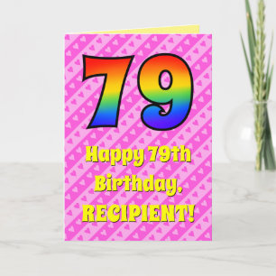 79. Geburtstag: Rosa Streifen & Herzen, Regenbogen Karte