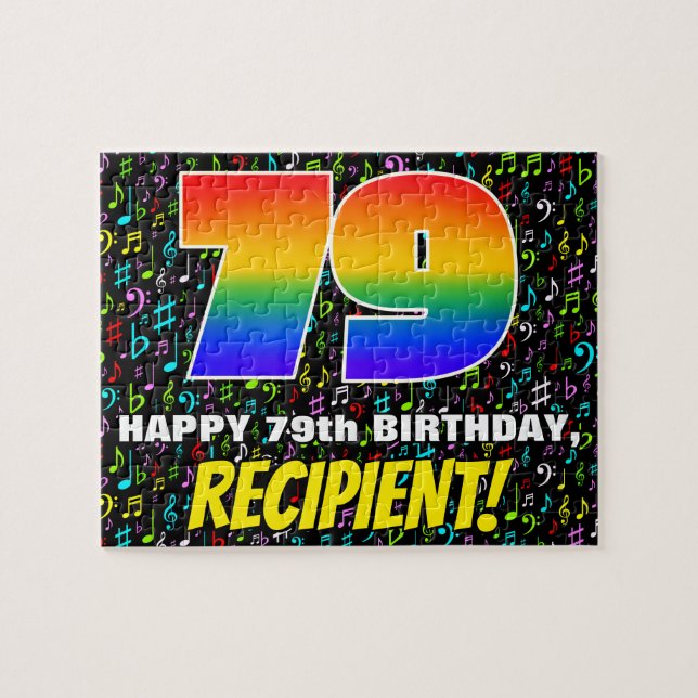 79. Geburtstag — Spaß, bunte Musiksymbole & "79" (Horizontal)