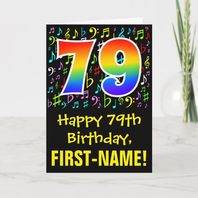 79th Birthday: Colorful Music Symbos + Rainbow 79 Karte (Vorderseite)