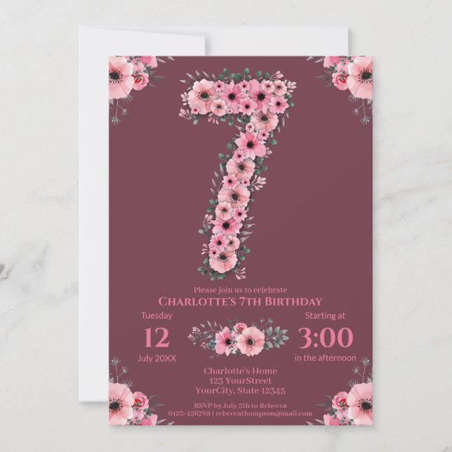 7. Big Birthday Girl Pink Blume Green Folies Einladung (Vorderseite)
