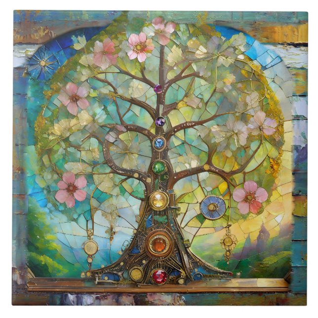 7-Chakra-Blütenbaum des Lebens Fliese (Vorderseite)