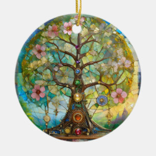 7-Chakra-Blütenbaum des Lebens Keramik Ornament