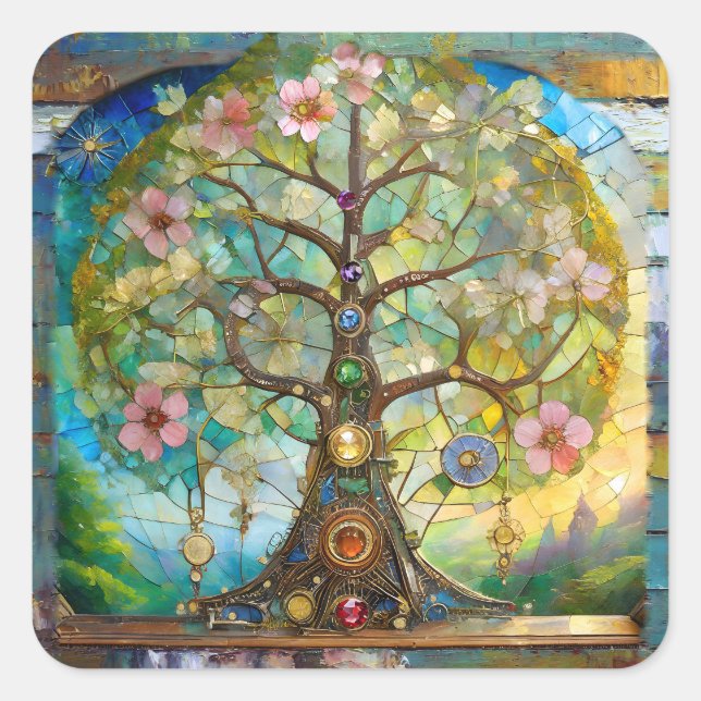 7 Chakra Blütenbaum Quadratischer Aufkleber (Vorderseite)