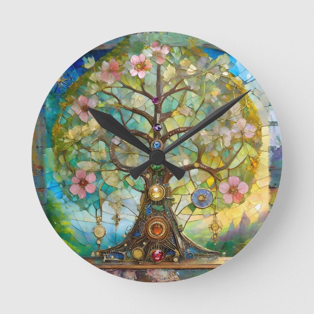7 Chakra Blütenbaum Runde Wanduhr (Vorderseite)