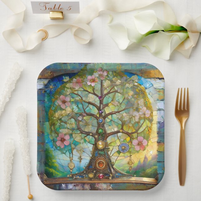 7 Chakra Erblühender Baum des Lebens Pappteller (Hochzeit)