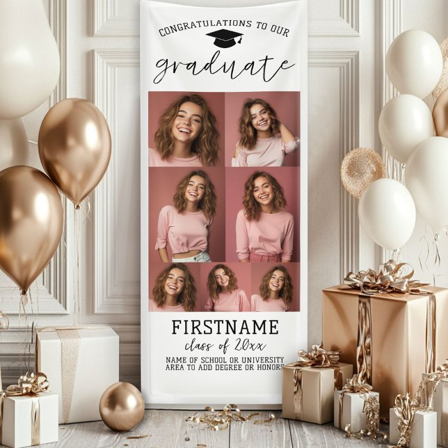 7 Foto Collage Abschluss Moderner Minimaler Weißer Banner (Custom Graduation Photo Banner - Great backdrop and Graduation Party Decoration)