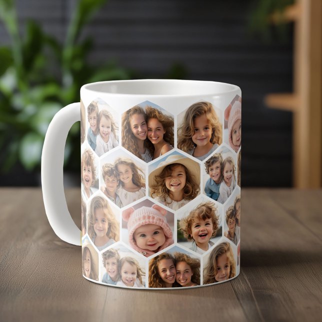 7 Foto Collage - Funkes Hexagon-Muster Kaffeetasse (Personalized mug template with a funky 7 photo collage in a honeycomb pattern)