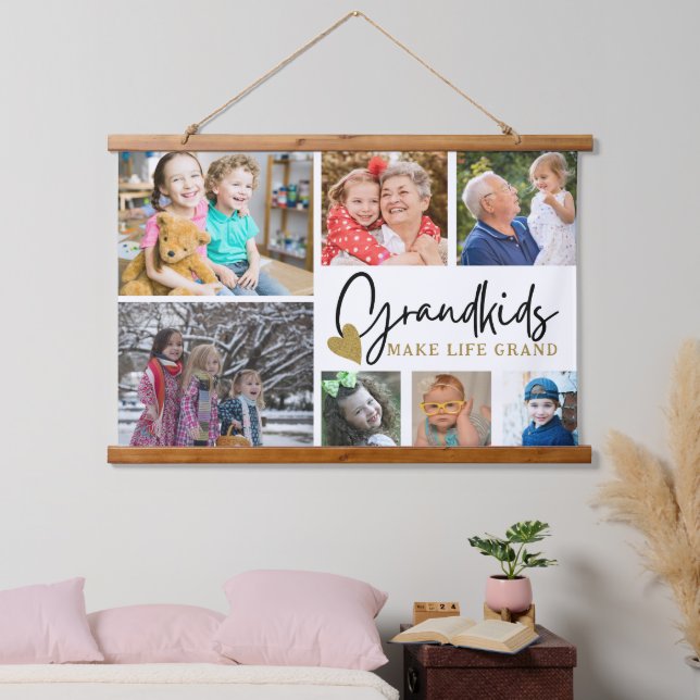 7 Foto Collage Grandkids machen lebensgroßes Zitat Wandteppich Mit Holzrahmen (Schlafzimmer)