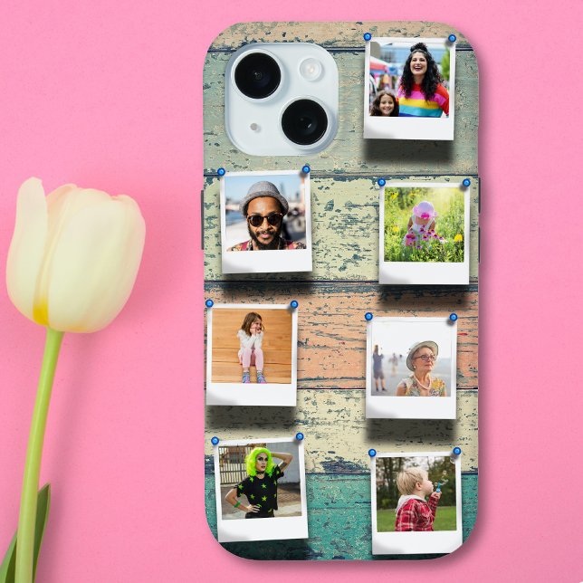 7-Foto-Collage iPhone 15 Personalisierte Robust Case-Mate iPhone Hülle (Personalized photo collage iPhone 15 case-mate tough case. Vintage planks instagram film. )