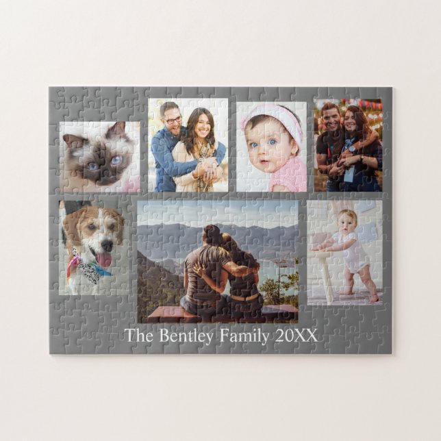 7 Fotos der Familie, Name & Jahr der DIY, grau (Horizontal)