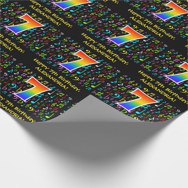 7. Geburtstag: Farbige Musiksymbole, Regenbogen 7 Geschenkpapier (Ecke)