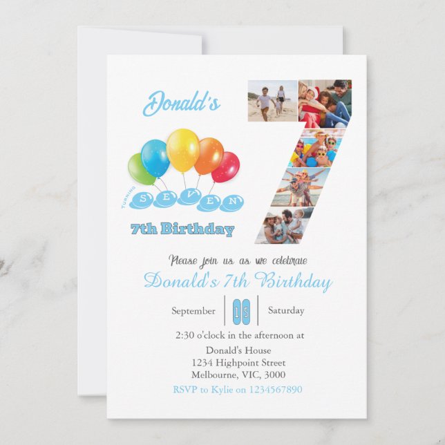 7. Geburtstag Foto Collage Nr. 7 Junge Einladung (Vorderseite)