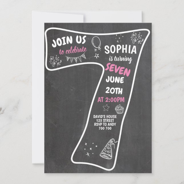 7. Geburtstag Girl Chalkboard Pink Number Einladung (Vorderseite)
