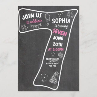 7. Geburtstag Girl Chalkboard Pink Number Einladung