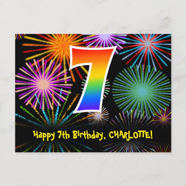 7. Geburtstag – Lustiges Feuerwerk Muster + Regenb Postkarte (Vorderseite)