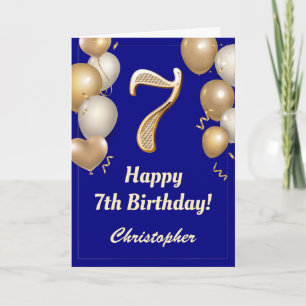 7. Geburtstag Navy Blue und Gold Balloons Confetti Karte