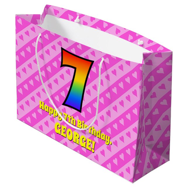 7. Geburtstag: Rosa Streifen & Herz, Regenbogen #  Große Geschenktüte (Rückseite Schrägansicht)